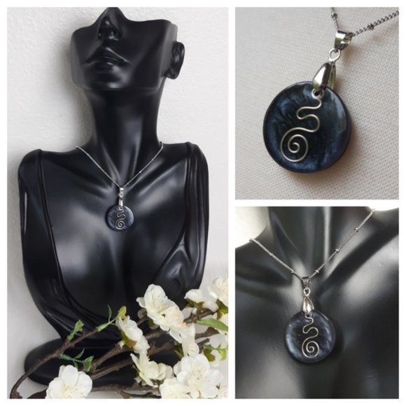 Handmade Pendant Necklace Charcoal Black Floating Swirl Metallic Shimmer Pendant - Picture 1 of 8